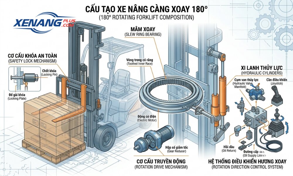 Cấu tạo và nguyên lý hoạt động của xe nâng càng xoay 180 độ