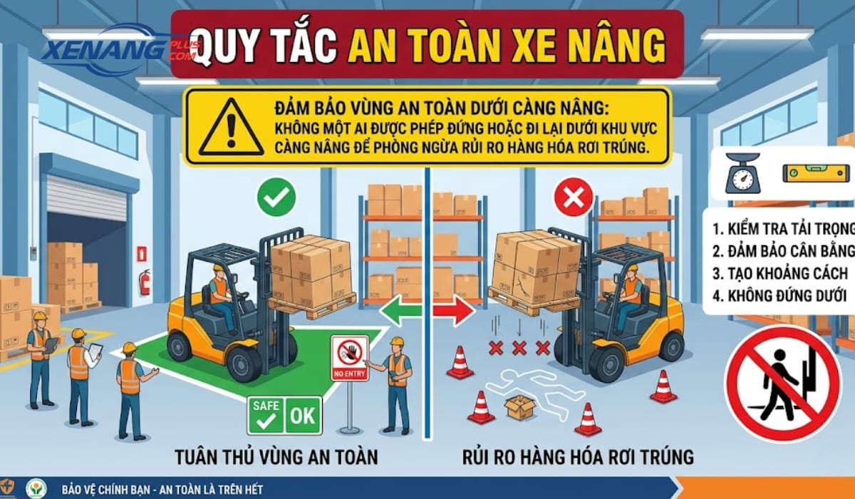 Không vận hành khi dưới càng xe nâng đang có người đứng