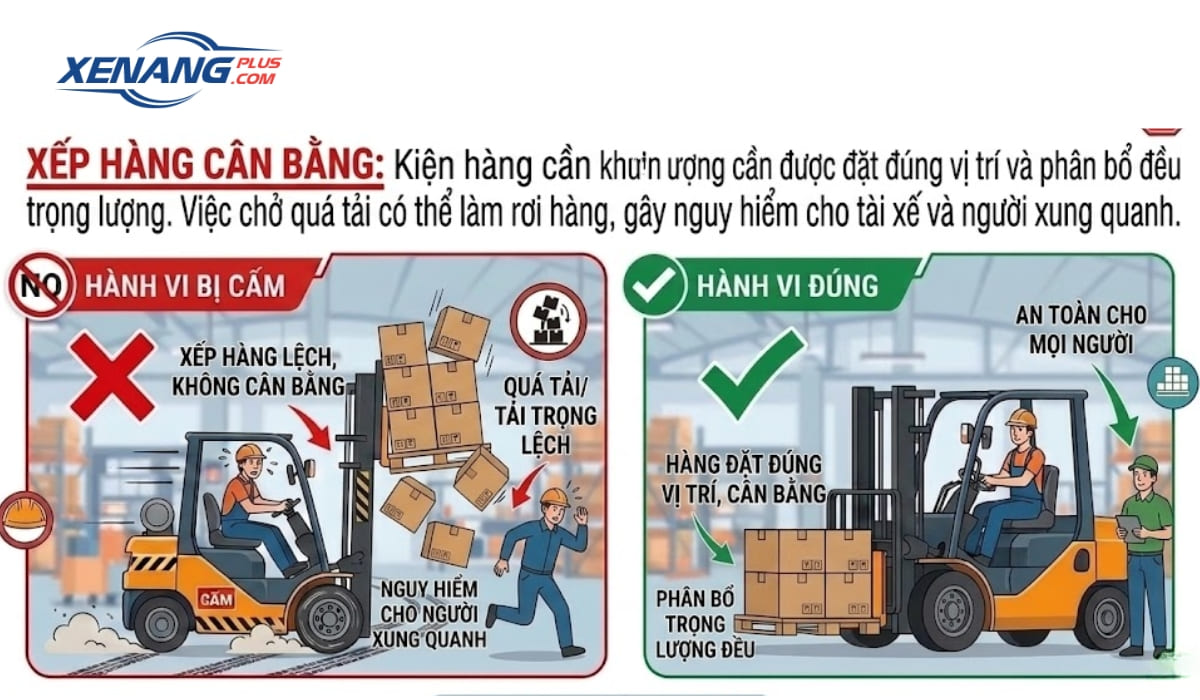 Cố định kiện hàng ở mức cân bằng, không đặt chênh lệch tránh nguy cơ tai nạn
