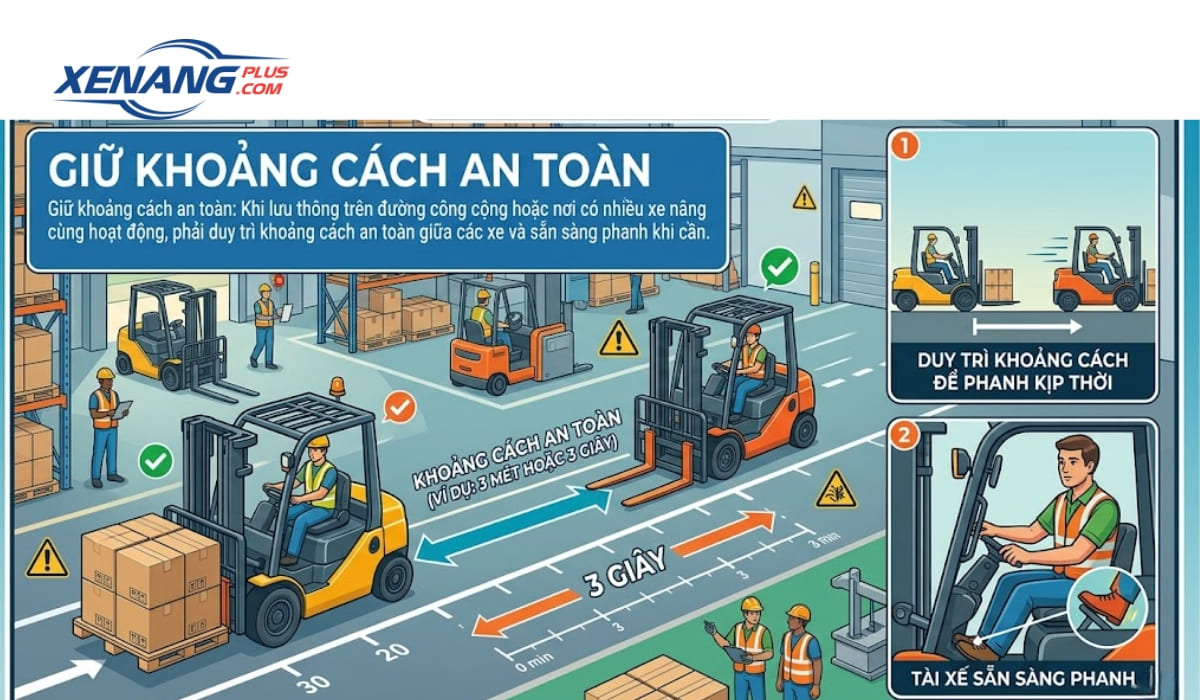 Đảm bảo khoảng cách an toàn khi làm việc có nhiều xe nâng cùng lúc