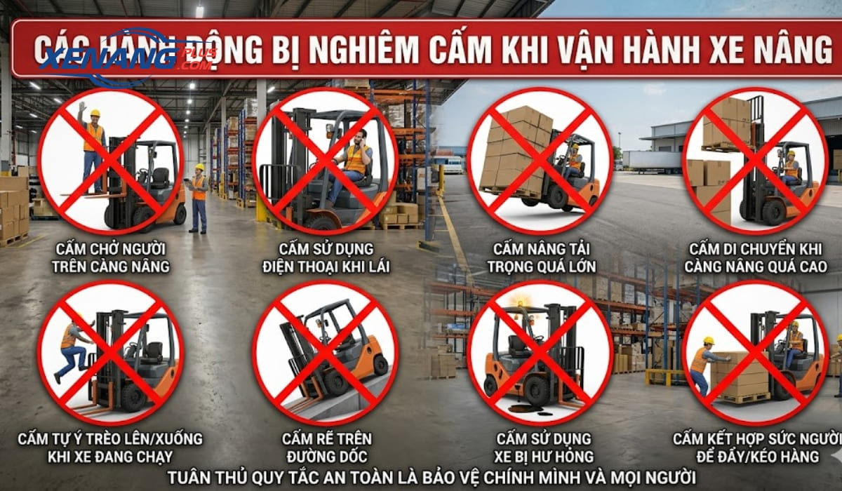 Các hành động bị nghiêm cấm khi vận hành xe nâng