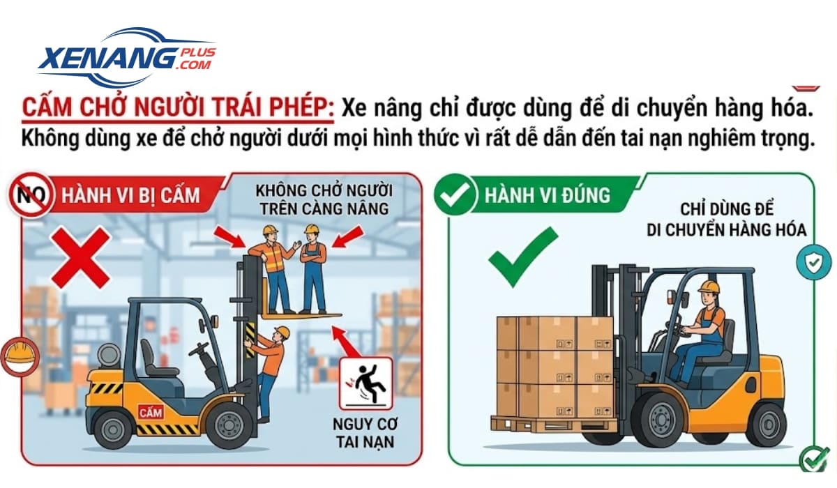 Không dùng xe nâng hàng để chở hoặc nâng người