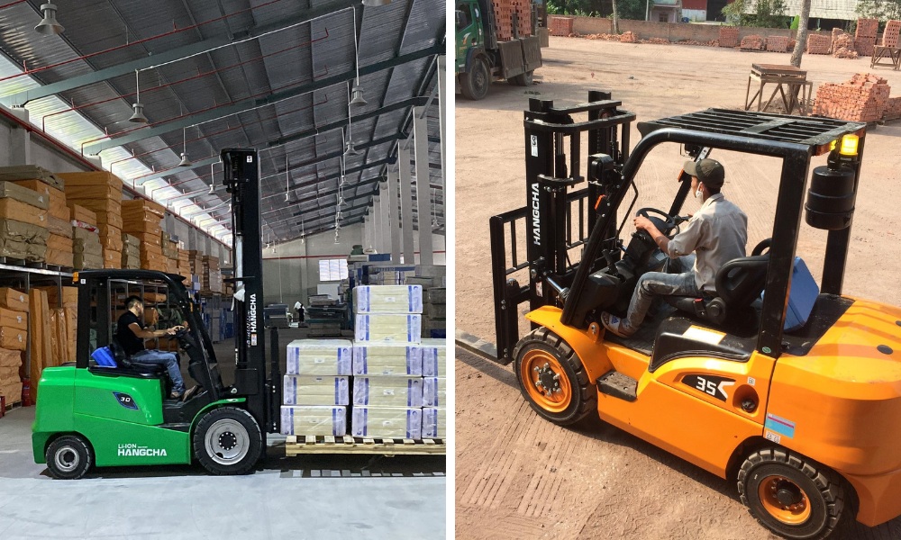 Xe nâng điện tối ưu cho không gian kín cần yên tĩnh, còn xe nâng dầu đáp ứng tốt cường độ làm việc ngoài trời